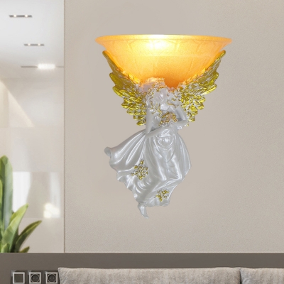 Country Bowl Sconce Light Amber/White Glass 1 Head Wall Mount Lighting with White Right/Left Angel Accents