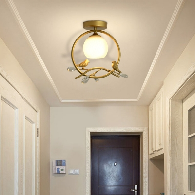 Gold Metal Ring Semi Flush Light with/without Crystal Modern 1 Bulb Ceiling Mounted Light with Glass Dome Lampshade