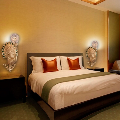 Golden Peacock Wall Light Fixture Modernist 1 Light Metal Wall Sconce with Crystal Bowl Shade for Bedside