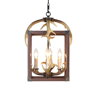 Lantern Pendant Lighting with Candle and Antler Loft Style 4/8 Bulbs Metal Hanging Ceiling Lamp