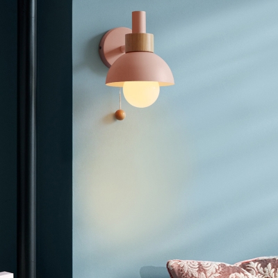 Macaron Domed Sconce Light Fixture 1 Bulb Wall Light Fixture with Metal Shade and Pull Chain in White/Pink/Green