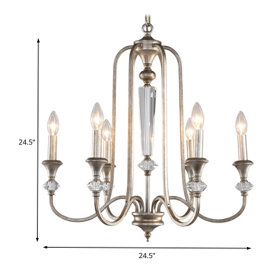Traditional Candle Chandelier Lamp Metal and Crystal 6 Lights Antique Silver Living Room Pendant Lamp