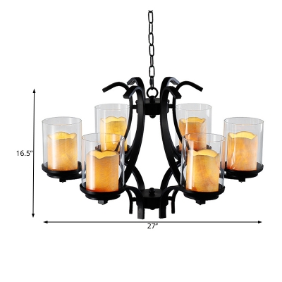 Traditional Cylinder Pendant Light with Chain Clear Glass and Marble 6 Lights Chandelier in Black