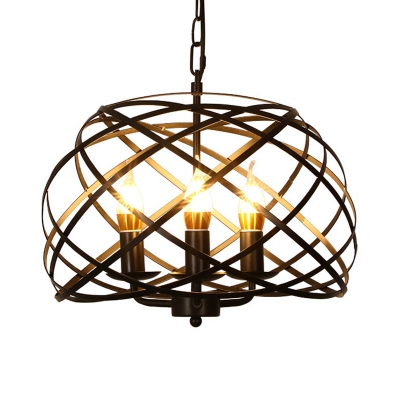 Triple Light Chandelier Lamp with Candle Metal Frame Industrial Hanging Pendant Light in Black