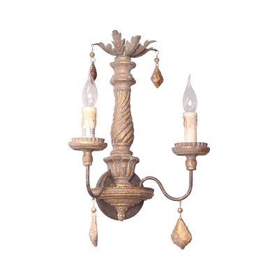 Wooden Sconce Lighting with Hanging Prism 2 Lights Country Style Wall Lighting for Kitchen