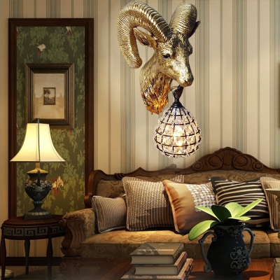 1 Light Goat Wall Mounted Lamp with Crystal/Glass Shade Country Style Wall Lighting in Gold