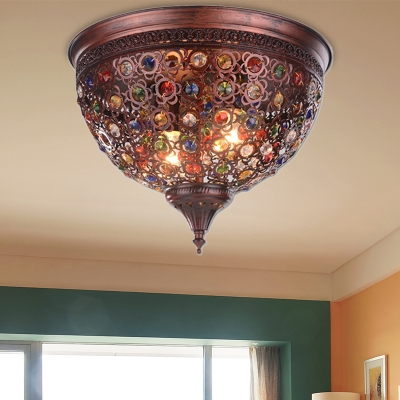 2 Lights Domed Flush Mount Fixture Modern Flush Ceiling Light with Colorful Jewelry in Weathered Copper