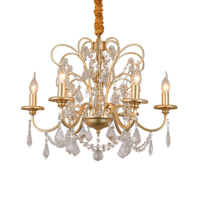 3/6/8 Heads Candle Pendant Chandelier Mid-Century Crystal and Metal Hanging Lamp in Gold