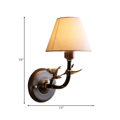 Bedroom Tapered Wall Sconce Light Fabric Countryside 1 Bulb Wall Light Fixture in Antique Brass