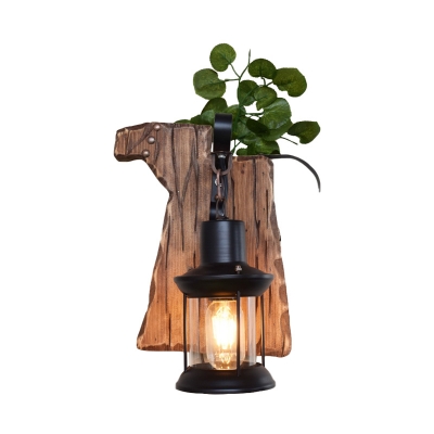 Black Lantern Sconce Wall Lighting with Wooden Pig/Vase Backplate Antique Metal 1 Light Wall Light Fixture with Rod