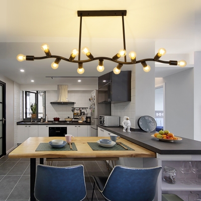 Black Linear Island Light with Branch Design Modern Metal 13 Lights Multi Light Pendant for Kitchen