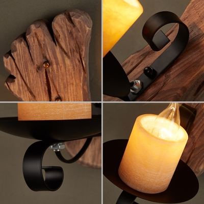 Candle Wall Sconce with Foot Print Wooden Backplate 1 Light Rustic Wall Mounted Lighting in Black