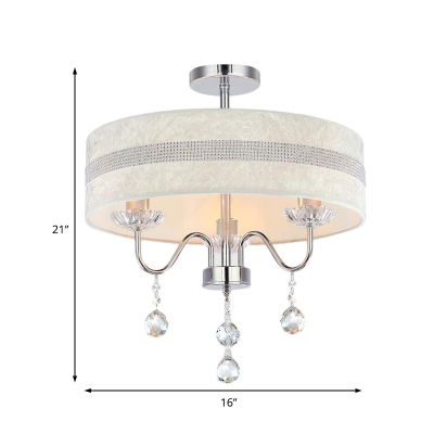 Chrome Drum Lighting Fixture Modern Fabric and Metal 3 Light Ceiling Light Fixture with Crystal for Bedroom