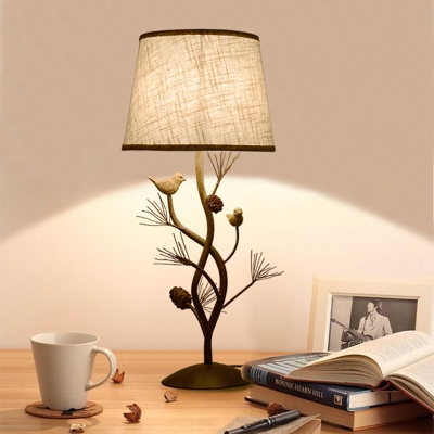 Cone Standing Table Lamp with Tree and Bird Single Light Beige Fabric Shade Loft Table Lighting for Bedroom