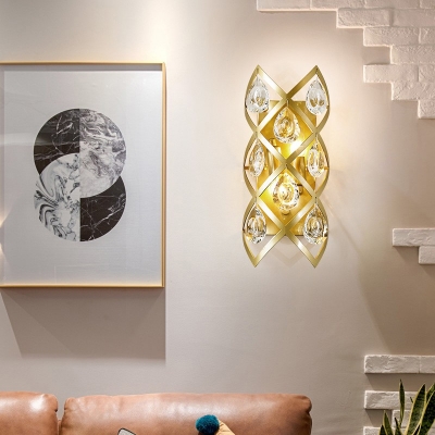 Crystal Wall Mount Lighting Vintage 2 Lights Metal Gold Wall Sconce Lamp for Living Room