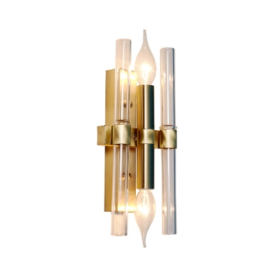 Double Pipe Crystal Wall Sconce Simple Style 2 Lights Sconce Lighting with Rectangle Backplate in Brass
