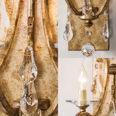 Luxurious Aged Brass Wall Light Candle 2 Bulbs Metal Sconce Light with Teardrop Crystal for Bedroom
