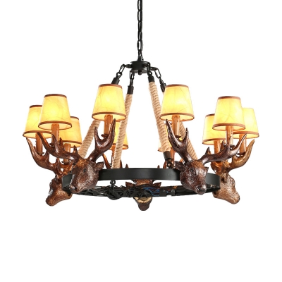 Metal Round Hanging Lamp with Cone Shade and Elk Accent Loft 10 Lights Chandelier Lighting with Cord in Black