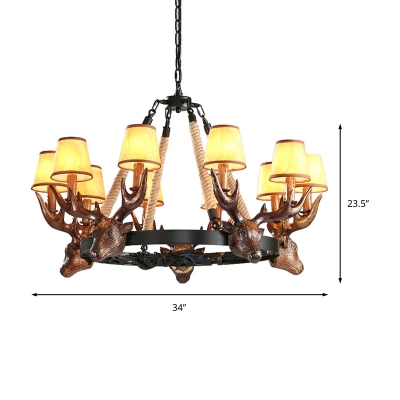 Metal Round Hanging Lamp with Cone Shade and Elk Accent Loft 10 Lights Chandelier Lighting with Cord in Black