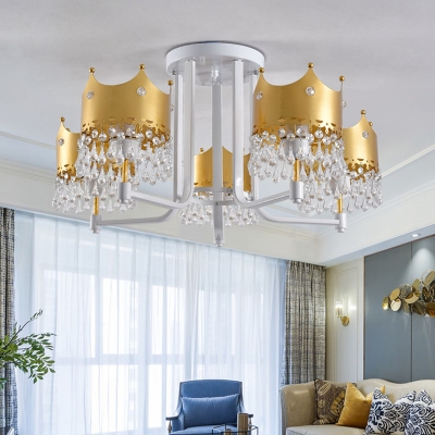 Modern Crown Semi Flush Chandelier Metal and Crystal 5 Light Ceiling Light Fixture for Bedroom