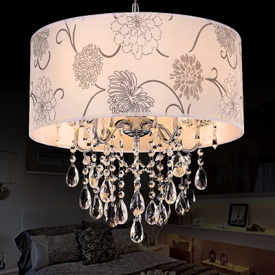 

Modern Drum Chandelier Light 5 Lights Fabric Hanging Light with Flower Pattern and Clear Crystal Bead, HL563685