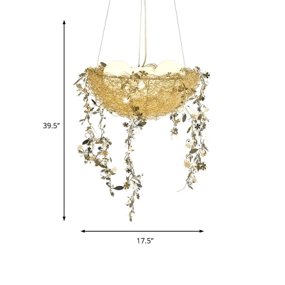 Modernism Bird's Nest Pendant Lamp Metal and Glass 4 Lights Hanging Chandelier Lighting in Gold/Silver
