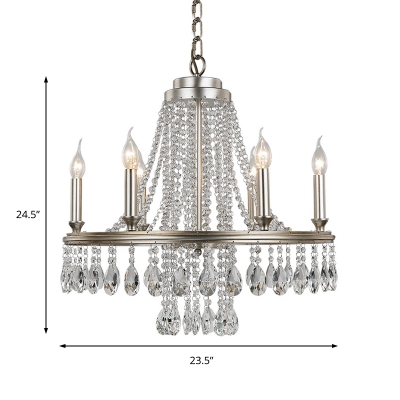 Nickle Candle Pendant Light 6 Lights Country Style Chandelier Lighting with Clear Crystal Prisms