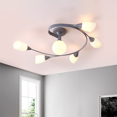 Nordic Curved Arm Semi Flush Ceiling Light with Opal Glass Shade 4/6 Heads Semi Flush Lamp in Blue/Green/Grey/Pink/Yellow