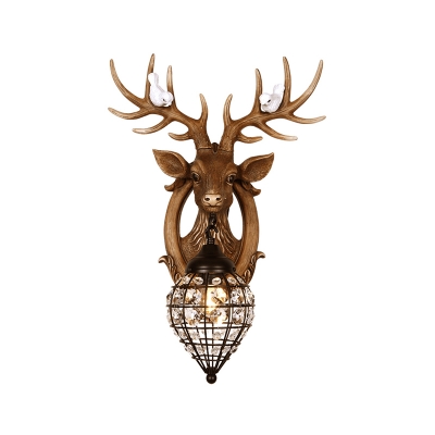 Resin Deer Wall Lamp 1 Head Contemporary Metal Lantern Wall Sconce Lighting with Crystal in White/Brown