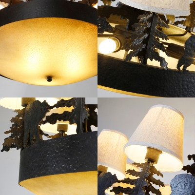 Rustic Bowl Hanging Light with Cone Fabric Shade 8 Lights Opal Glass Chandelier Light in Black