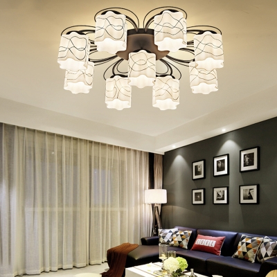 Scalloped Drum Ceiling Flush Lamp with Black Floral Backplate 3/6/9 Heads Traditional Opal Glass Semi Flushmount