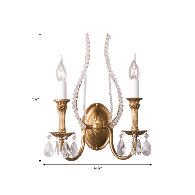 Vintage Candle Wall Lighting Metal 1-Light Indoor Wall Sconce Light in Brass with Crystal Accents
