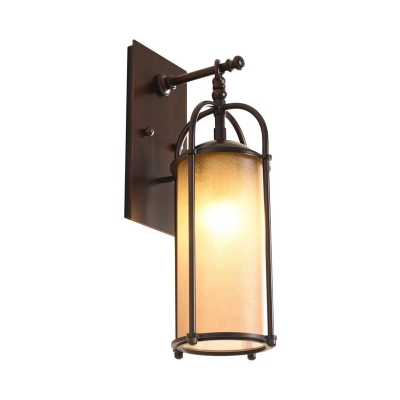 Warehouse Cylindrical Wall Light with Metal Backplate and Frosted Glass 1 Head Lighting Sconce in Bronze