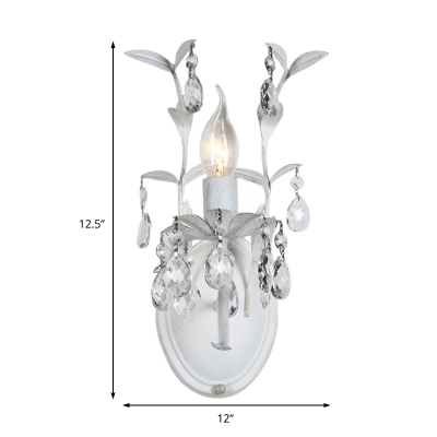 White Candle Wall Light with Teardrop Crystal and Leaf Decor 1/2 Lights Luxurious Metal Wall Sconce for Hotel