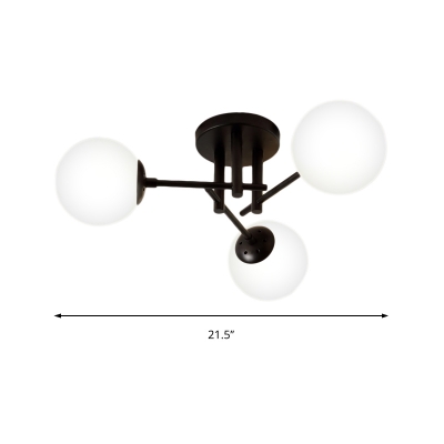 White Glass Ball Semi Flushmount Modern 3/8/12 Lights Semi Flush Lighting in Black with Crossed Lines Design