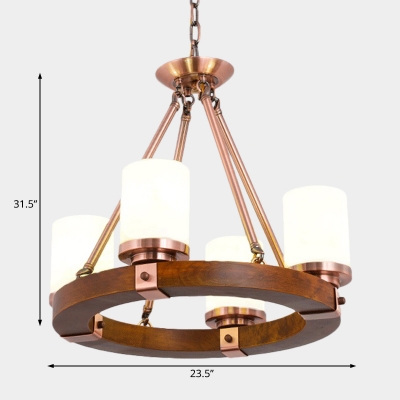 White Glass Cylinder Chandelier Light with Wooden Ring 4/6 Lights Industrial Pendant Light in Copper