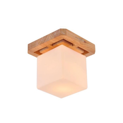 1 Light Square Ceiling Flush Mount with White Glass Shade Minimalism Flush Light Fixture in Wood