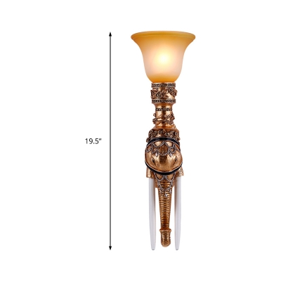 1 Light Torch Sconce Lamp with Elephant Decoration Frosted Glass Loft Wall Mount Light in Gold