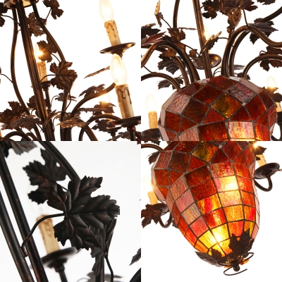 12 Lights Pinecone Hanging Ceiling Light with Candle Stained Glass Country Chandelier in Brown