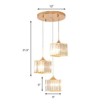 3 Lights Cluster Pendant Light with Drum/Square Clear Crystal Shade Modern Hanging Ceiling Light in Gold