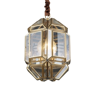 3 Lights Geometric Chandelier Lamp Vintage Style Clear Glass Porch Pendant Lighting in Brass