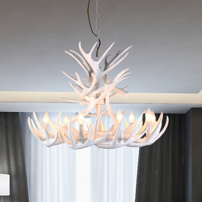 4/6/9/15 Heads Antlers Hanging Chandelier with Bare Bulb Modernism Resin Hanging Ceiling Light in White