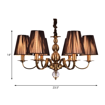 6/8 Lights Cone Chandelier Brown Gathered Fabric Shade Vintage Style Suspension Light for Living Room