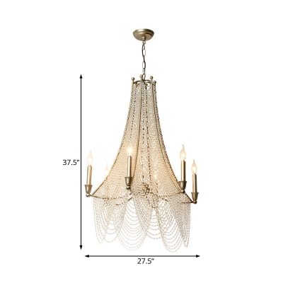 6 Lights Candle Pendant Light French Style Crystal Strand Hanging Chandelier in Gold