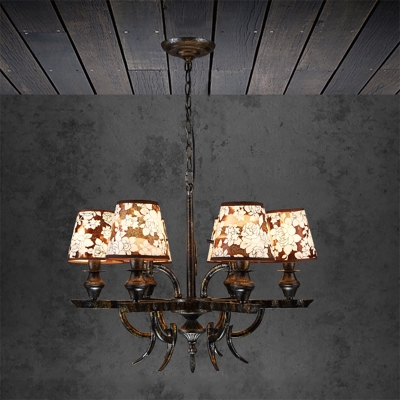 6 Lights Tapered Chandelier Lamp with Flower Pattern Traditional Hanging Ceiling Light in Rust