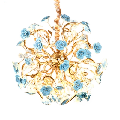 Art Deco Sputnik Hanging Light with Blue Flower Accents Metal Multi Light Pendant in Gold