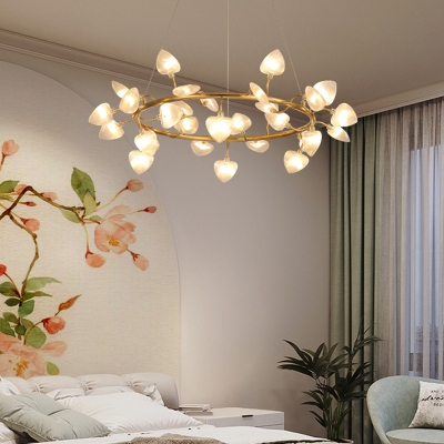 Brass Ring Chandelier Lighting with Heart Ribbed Glass Shade Multi Light Led Bedroom Suspension Light