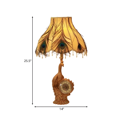 Country Scalloped Table Light with Brown/Gold Peacock and Clock 1-Light Fabric Standing Table Light for Living Room