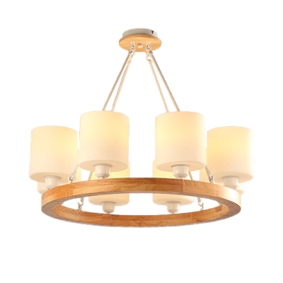 Cylinder Hanging Light with Wooden Ring Frosted Glass 4/6/8 Heads Nordic Chandelier Lamp