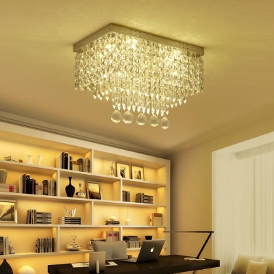 Dining Room Rectangle Flush Ceiling Light Clear Crystal Ball Metal Elegant Style LED Ceiling Lamp